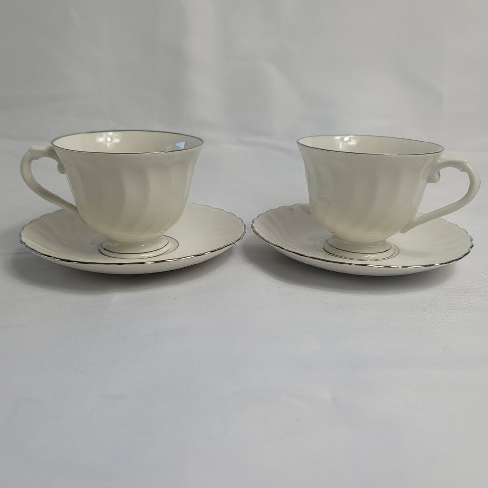 TWO Syracuse China Wedding Ring Cup & Saucer Sets White with Platinum Trim